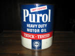 Pure Purol Heavy Duty Motor Oil Truck-Tested, 4 quart round can, light top side surface rust, minor seam ding, EMPTY, $215.  