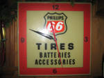 Phillips 66 Tires Batteries Accessories clock, 16 inches x 16 inches, manufactured by Hagen Displays, Inc., Cincinnati, OH 1960s, in great working order, lights up. [SOLD]  