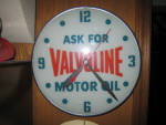 Ask For Valvoline Motor Oil clock, glass face and metal frame, lights up.  [SOLD]