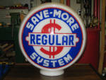 Save-More System Regular gas globe, [affiliate of The Pure Oil Co., Chicago, IL], 1940s-1950s, on original wide glass body, $850. 