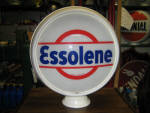 Essolene [Standard Oil Company of New Jersey] original 1940s gasoline globe on scarce white PORCELAIN body.  Porcelain metal gas globe bodies are very, very hard to come by!  Lenses are in excellent condition, porcelain body has what appear to be a couple of very old minor porcelain touched up spots on the side and edge of the seam, $1,595. 
