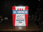 All-American High Grade Motor Oil 2 gallon can (some minor scuffs, ding on upper left side, minor rust on bottom underneath can), scarce can though.  [SOLD]