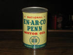 EN-AR-CO Penn, National Motor Oil, quart, small ding near top, left side, $110.  