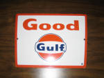 Good Gulf logo original porcelain pump plate, 8.5 inches x 11.25 inches, $350. 